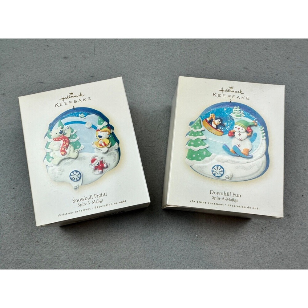 2008 Hallmark Keepsake Ornaments Set of 2 Spin-A-Majigs Downhill Fun Snowball